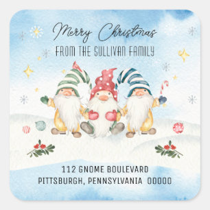 Cute Holiday Gnomes Merry Christmas Return Address Square Sticker