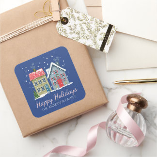 Cute holiday houses festive square sticker