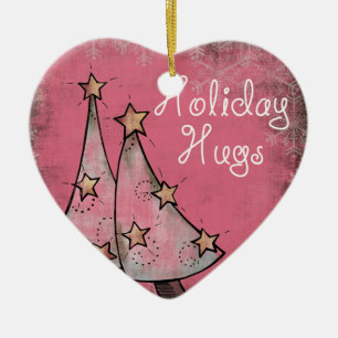 cute holiday hugs pink christmas trees ceramic ornament