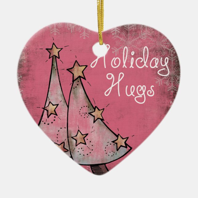 cute holiday hugs pink christmas trees ceramic ornament (Front)
