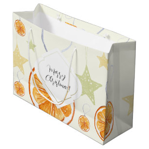Cute Holiday Orange and Stars On Beige Large Gift Bag