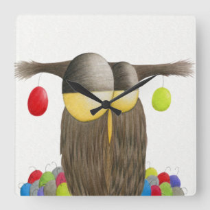 Cute Holiday Owl Illustration Square Wall Clock