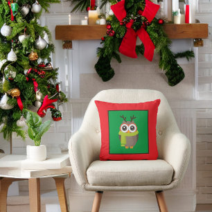Cute Holiday Owl on Green and Red Throw Pillow