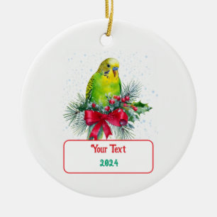 Cute Holiday Parakeet and Christmas Bow Ceramic Ornament