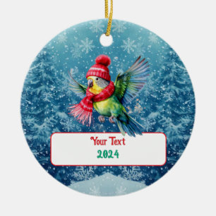 Cute Holiday Parakeet Ceramic Ornament