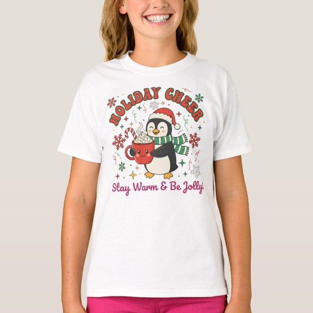 Cute Holiday Penguin with Cocoa & Cheer T-Shirt (Front)