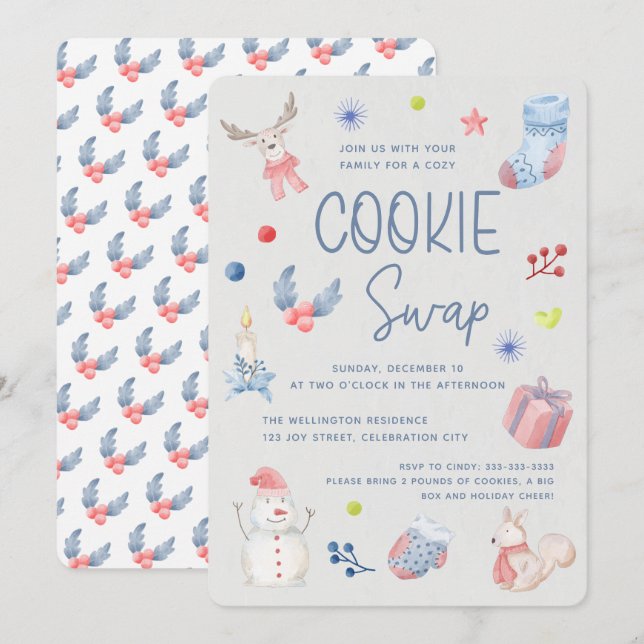 Cute Holiday Watercolor Christmas Cookie Swap Invitation (Front/Back)
