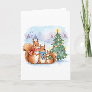Cute Holiday Watercolor Squirrel Family Christmas Card