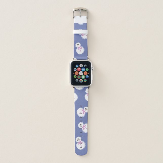 Cute Holiday White Pink Blue Snowman Pattern Apple Watch Band (Front)