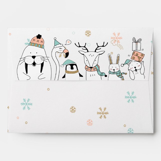 Cute Holiday Winter Animals and Snowflakes Envelope (Back (Top Flap))