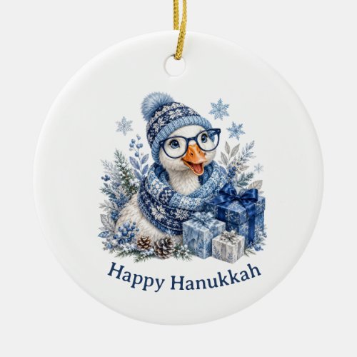 Cute Holiday Winter Christmas Hanukkah Goose Ceramic Ornament