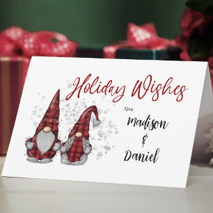 Cute Holiday Wishes Rustic Gnome Red Buffalo Plaid Card