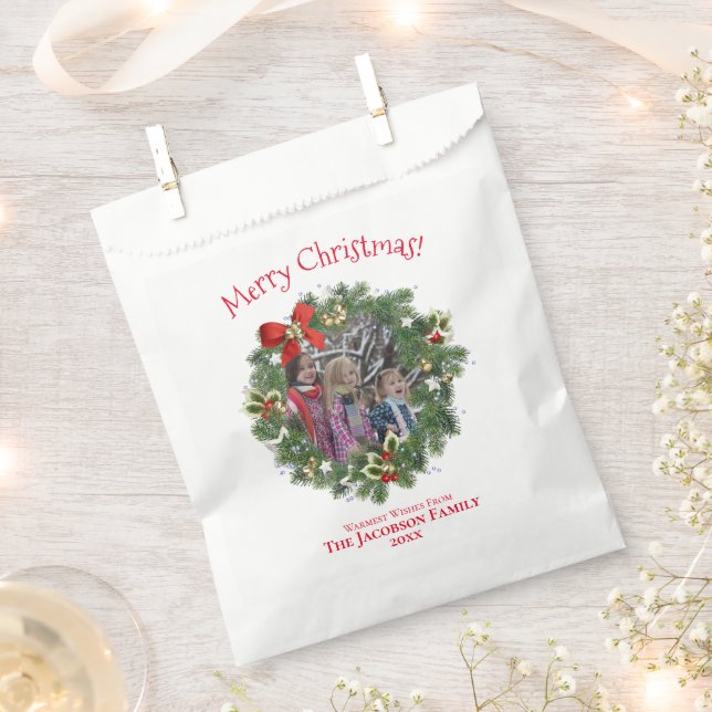 Cute Holiday Wreath Photo Frame Merry Christmas Favor Bag (Clipped)