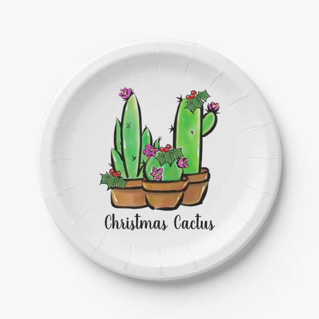 Cute holiday Xmas Cactus cacti succulents  Paper Plates (Front)
