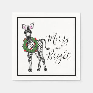 Cute Holiday Zebra drawing with Holly wreath Napkins