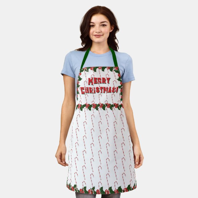 Cute Holly & Candy Cane Christmas Apron (Worn)