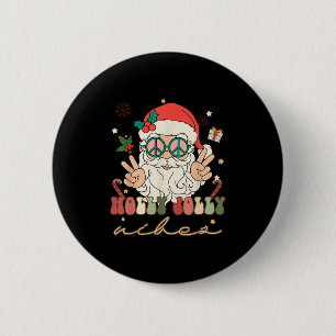 Cute Holly Christmas Jolly Vibes Hippie Santa Wint Button