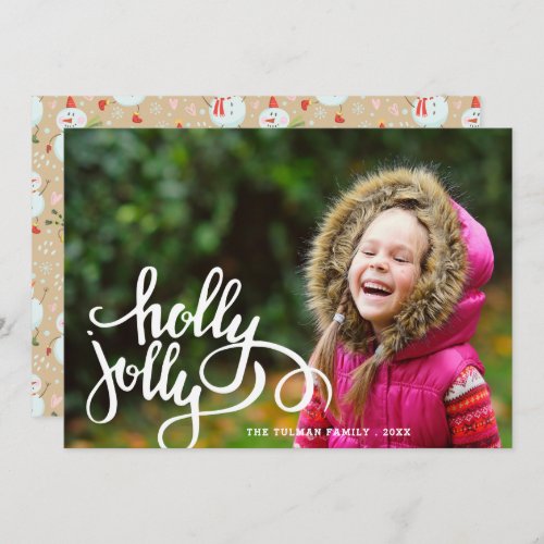 Cute Holly Jolly Snowmen Christmas Photo Beige Holiday Card