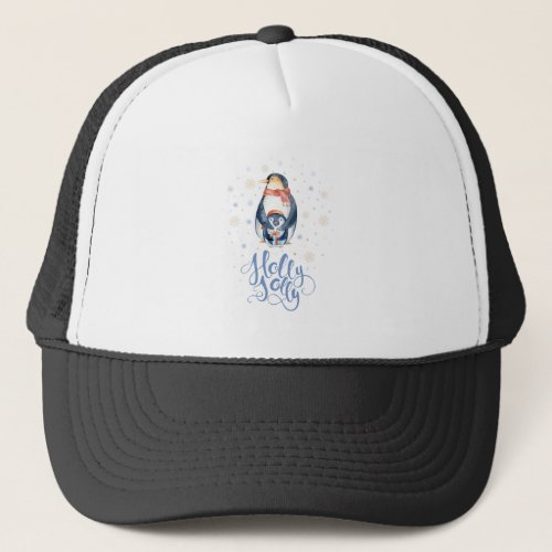 Cute Holly Jolly Typography  Christmas Pinguin Trucker Hat