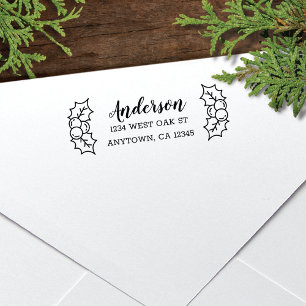 Cute Holly Leaves + Berries Holiday Return Address Self-inking Stamp