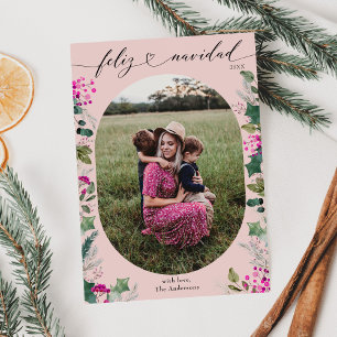 Cute Holly Photo Feliz Navidad Card