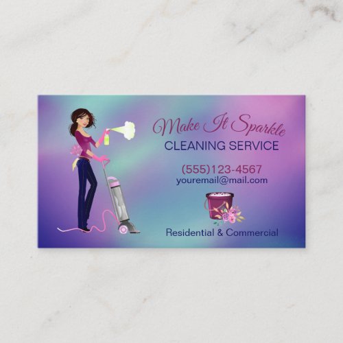 Cute Holograph Cartoon Maid Cleaning Services Business Card