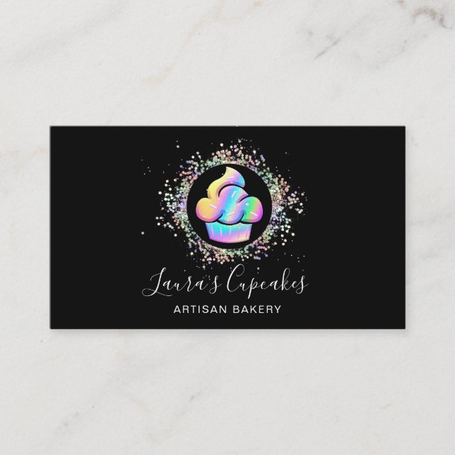 Cute Holographic Cupcake Bakery Chef Cake Business Card (Front)
