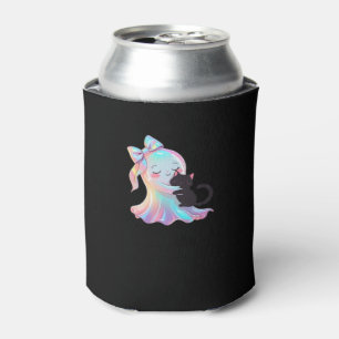 Cute Holographic Ghost Hugging Black Cat Cozy Girl Can Cooler