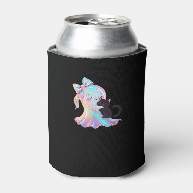Cute Holographic Ghost Hugging Black Cat Cozy Girl Can Cooler (Can Front)