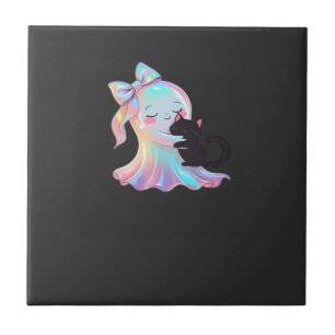 Cute Holographic Ghost Hugging Black Cat Cozy Girl Ceramic Tile