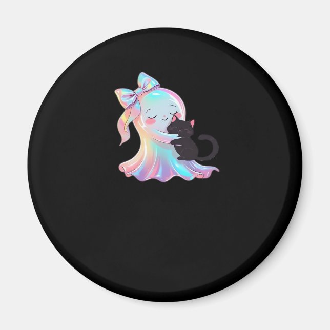 Cute Holographic Ghost Hugging Black Cat Cozy Girl Magnet (Front)
