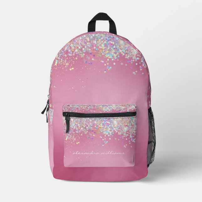 Cute Holographic Glitter Pink Girly Printed Backpack (Front)