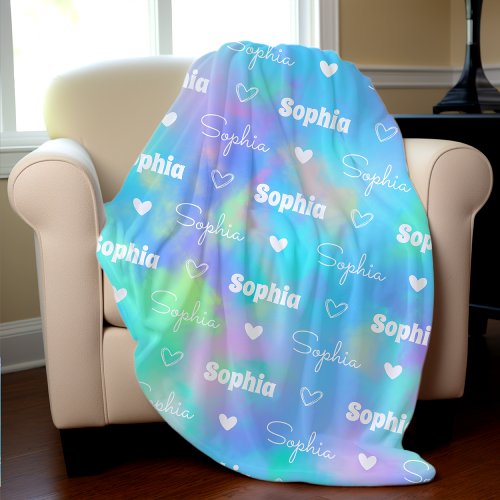 Cute holographic repeating name personalized girly fleece blanket