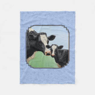 Cute Holstein Calf & Cow Sky Blue Fleece Blanket