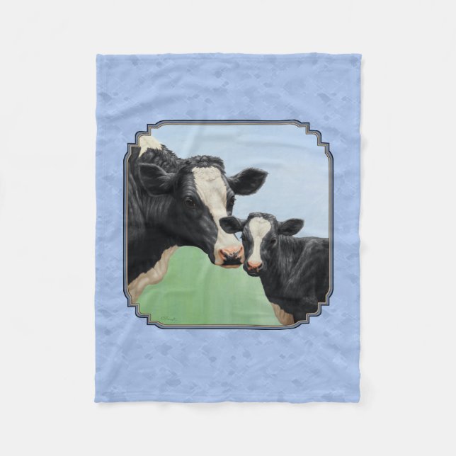 Cute Holstein Calf & Cow Sky Blue Fleece Blanket (Front)