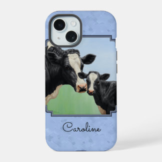 Cute Holstein Calf & Cow Sky Blue iPhone 15 Case