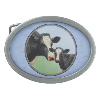 Cute Holstein Calf & Cow Sky Blue Oval Belt Buckle
