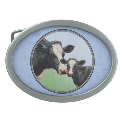 Cute Holstein Calf  Cow Sky Blue Oval Belt Buckle