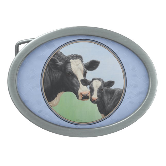 Cute Holstein Calf & Cow Sky Blue Oval Belt Buckle (Front)