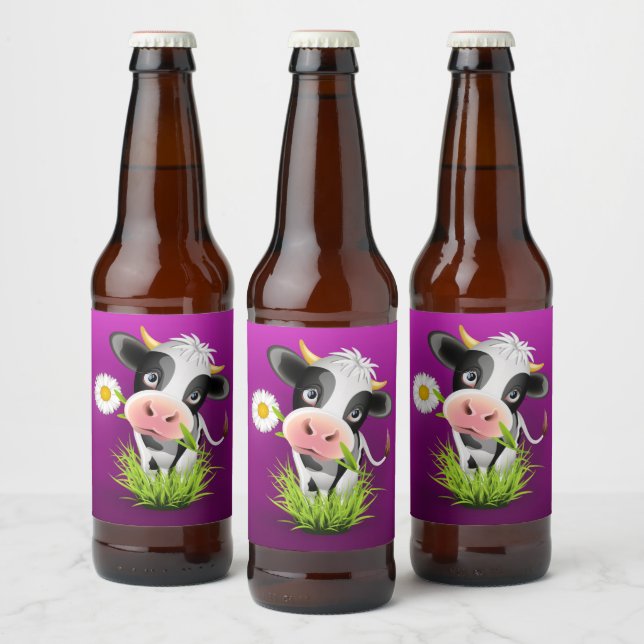 Cute Holstein cow in grass over purple Beer Bottle Label (Bottles)