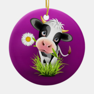 Cute Holstein cow in grass over purple Ceramic Ornament