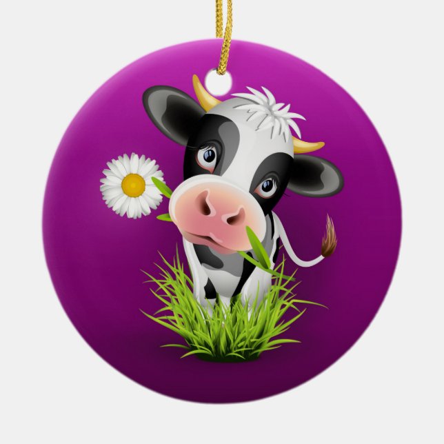 Cute Holstein cow in grass over purple Ceramic Ornament (Front)