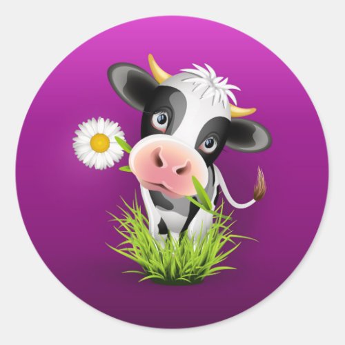 Cute Holstein cow in grass over purple Classic Round Sticker