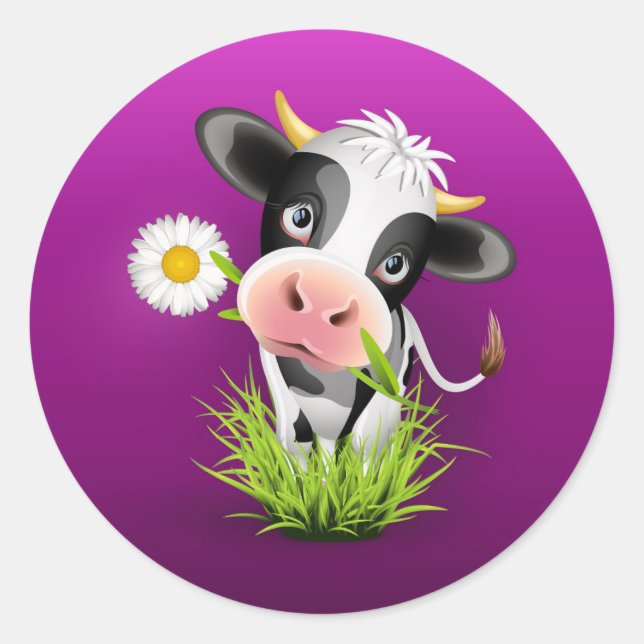 Cute Holstein cow in grass over purple Classic Round Sticker (Front)