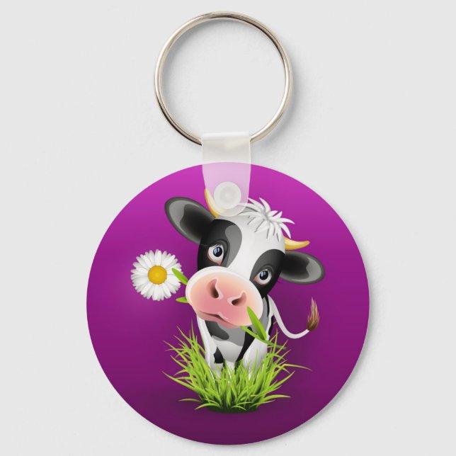 Cute Holstein cow in grass over purple Keychain (Front)