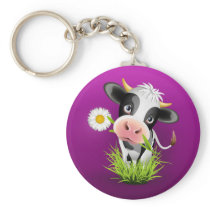 Cute Holstein cow in grass over purple Keychain