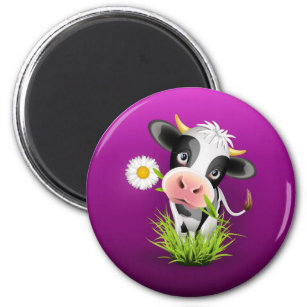 Cute Holstein cow in grass over purple Magnet
