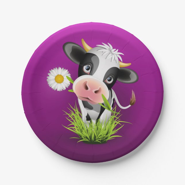 Cute Holstein cow in grass over purple Paper Plates (Front)