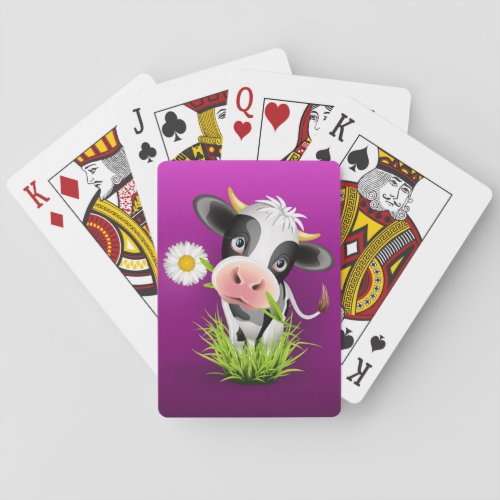 Cute Holstein cow in grass over purple Playing Cards