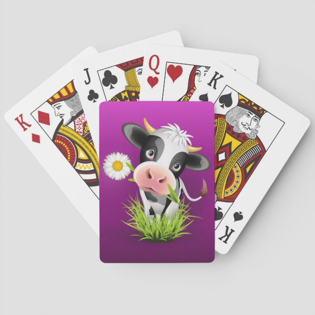 Cute Holstein cow in grass over purple Poker Cards (Back)